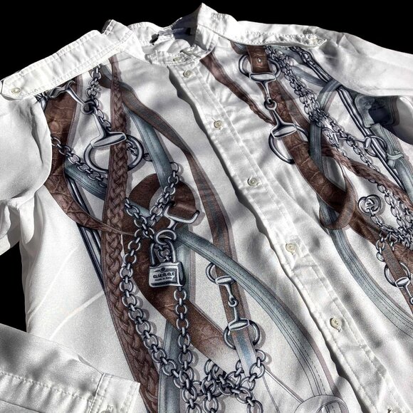 GUCCI Women's 2011 Resort White Silk Equestrian Print Shirt Button-Up Size 38 M - Picture 1 of 13